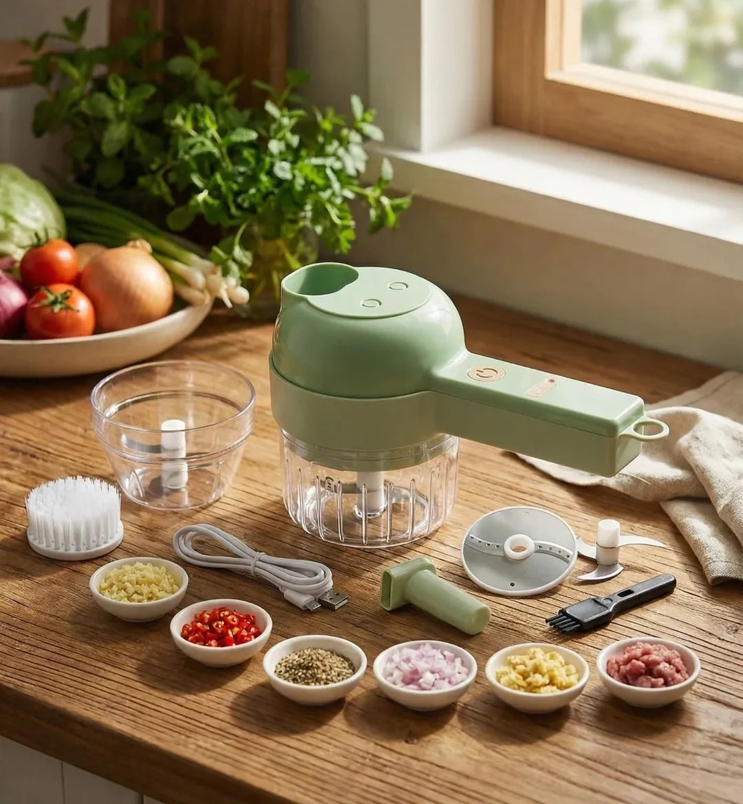 Premium 4-in-1 Electric Vegetable Cutter – Rechargeable Mini Chopper, Slicer & Peeler